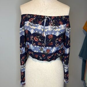 Altar'd State Black Tie Front Smocked Crop Blouse